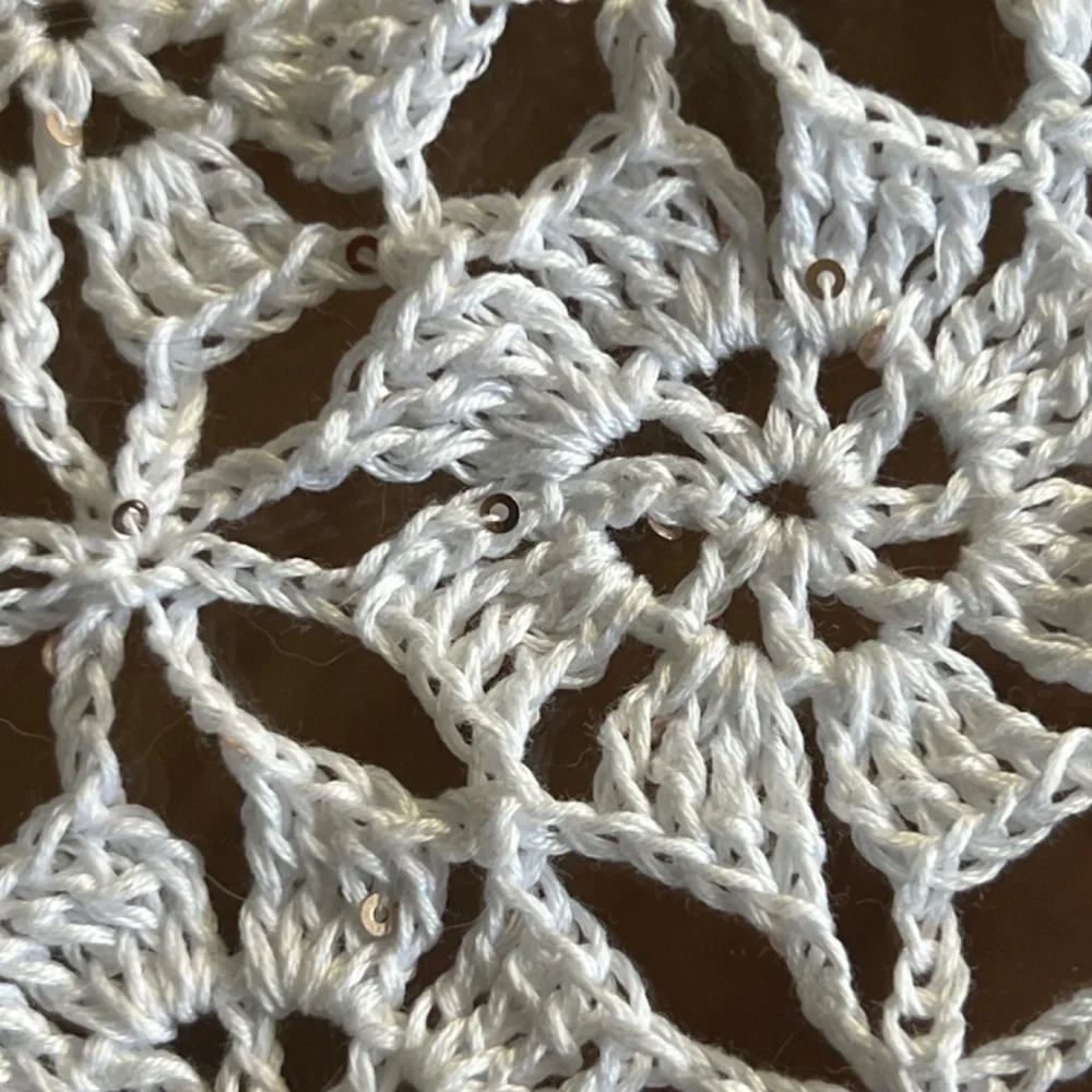 Hand made crochet triangle cotton bandana head scarf white w/silver tiny sequins